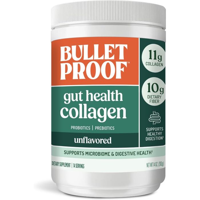 Bulletproof gut health collagen protein powder 14 oz packaging close-up image